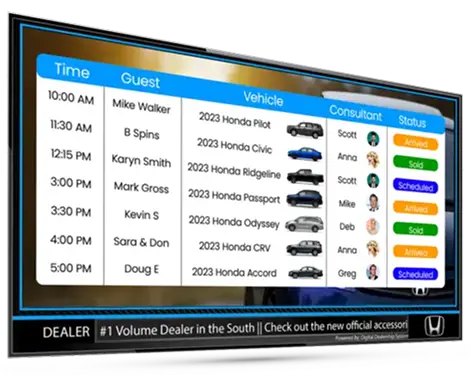 Showroom Digital Signs 16 Sales Appointments board showing daily customer meeting schedule.