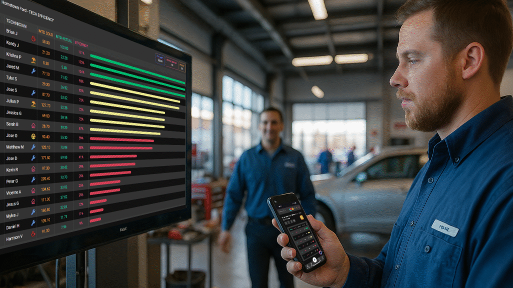 Is Your Service Lane Falling Behind? This Leaderboard Could Be the Game-Changer You Need 1 Technician checking service drive performance leaderboard on digital screen and mobile app
