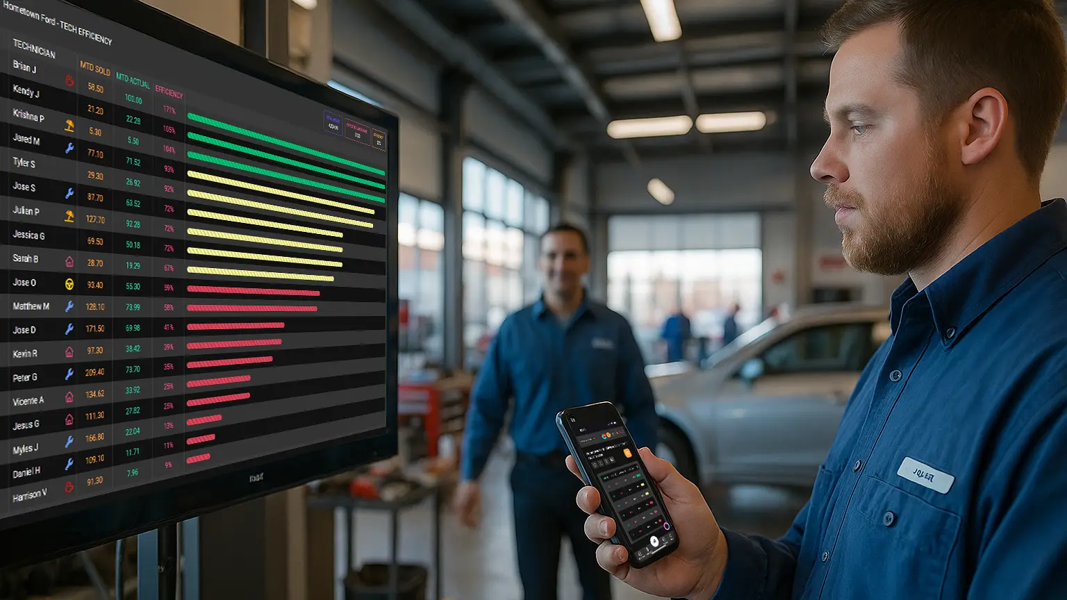 Technician checking service drive performance leaderboard on digital screen and mobile app
