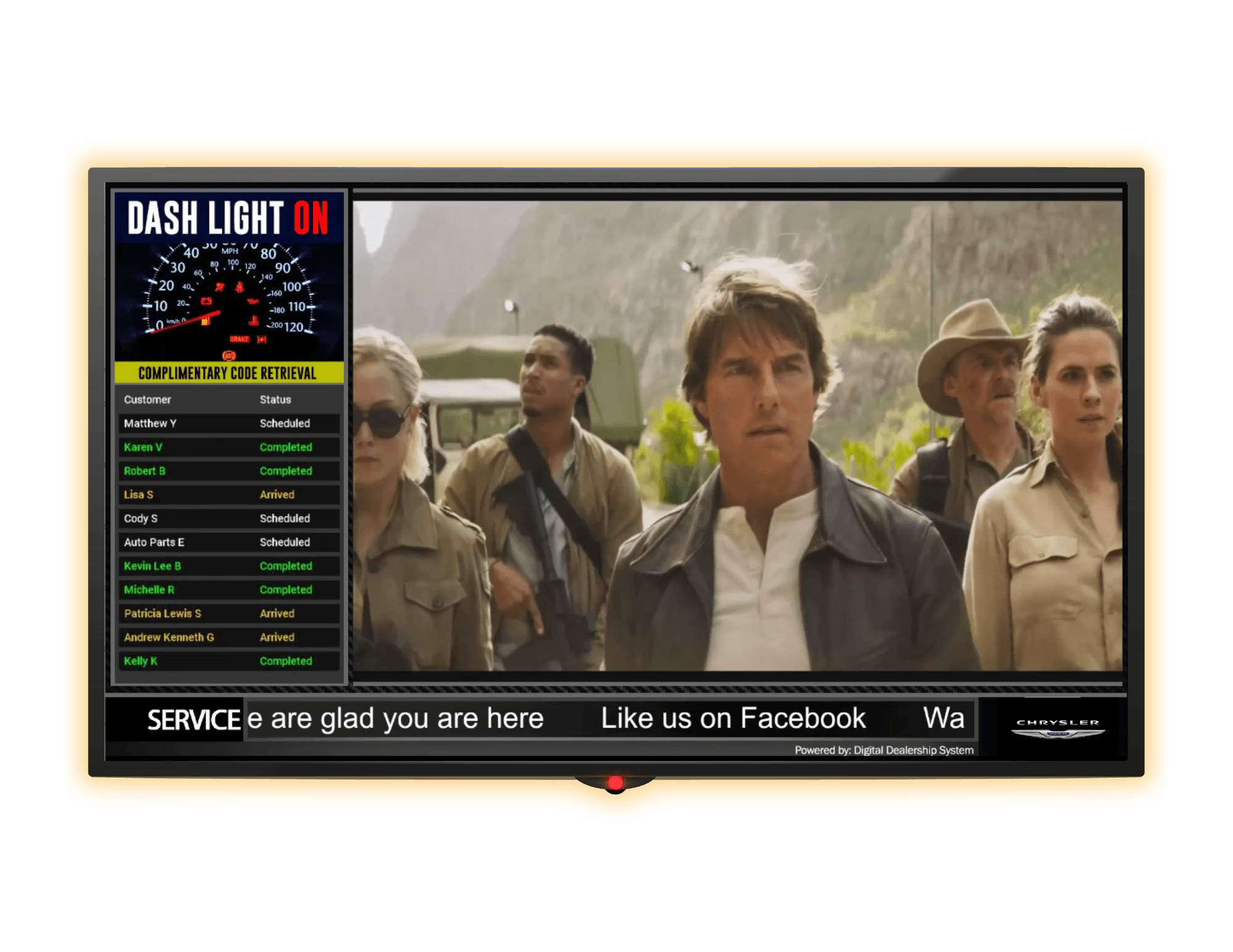 Car dealership customer lounge digital TV showing live service updates and dealership marketing content.