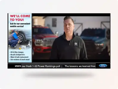 DDS TV commercial-free lounge system for car dealerships displaying OEM videos and branded content.