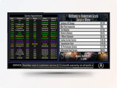Digital Dealership System’s Service Status Menu integrates with your DMS to display real-time repair progress, estimated completion, and promotions on branded service boards. Digital Dealership System’s Service Status Menu integrates with your DMS to display real-time repair progress, estimated completion, and promotions on branded service boards.