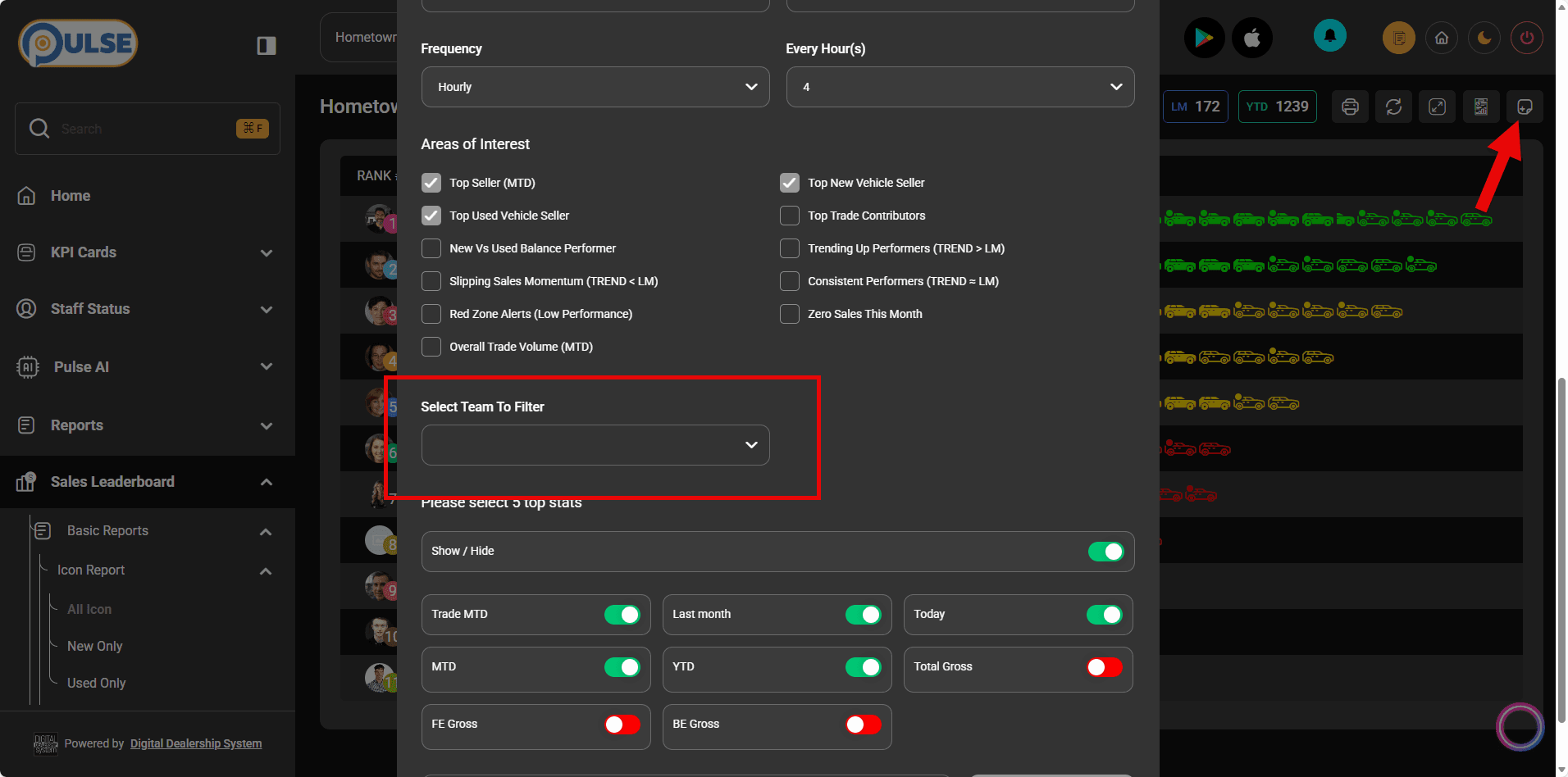 User navigating the Digital Dealership System Leaderboards menu to locate the Teams tab in the sidebar