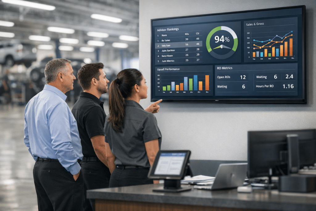 Service advisors and a manager review a wall-mounted KPI leaderboard dashboard in a modern dealership service department with screens, counters, and bays behind them.