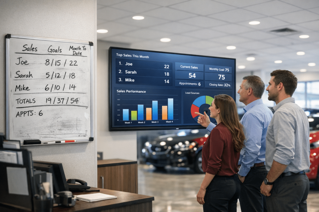 A dealership team stands in a bright showroom comparing a smudged dry erase sales board with a modern digital leaderboard showing live KPIs and rankings.
