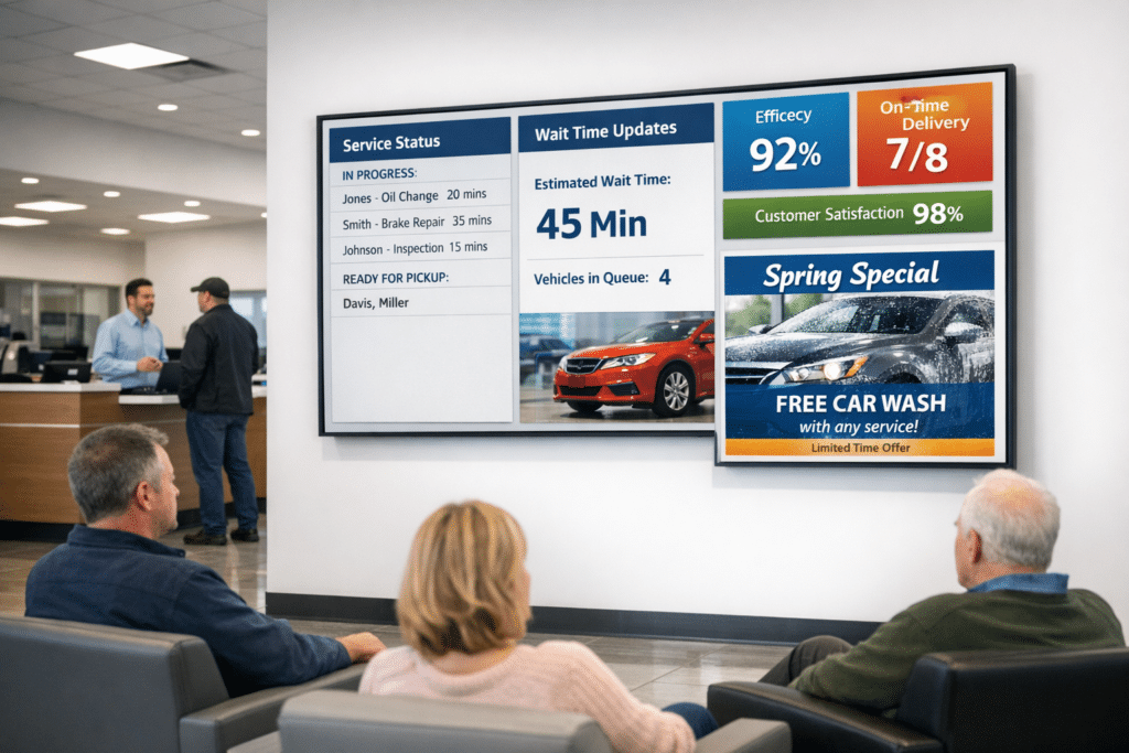 Customers wait in a modern dealership lounge while wall-mounted digital screens display live service updates, wait times, and performance dashboards.