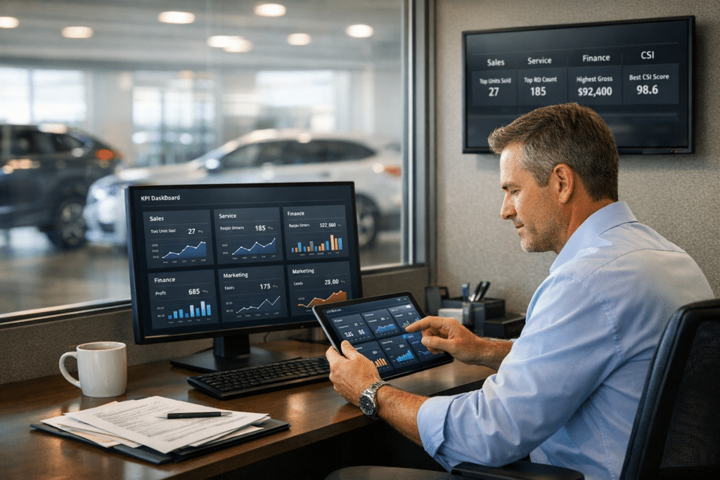 A dealership general manager reviews live KPI dashboards on a desktop and tablet while a showroom performance screen glows in the background.