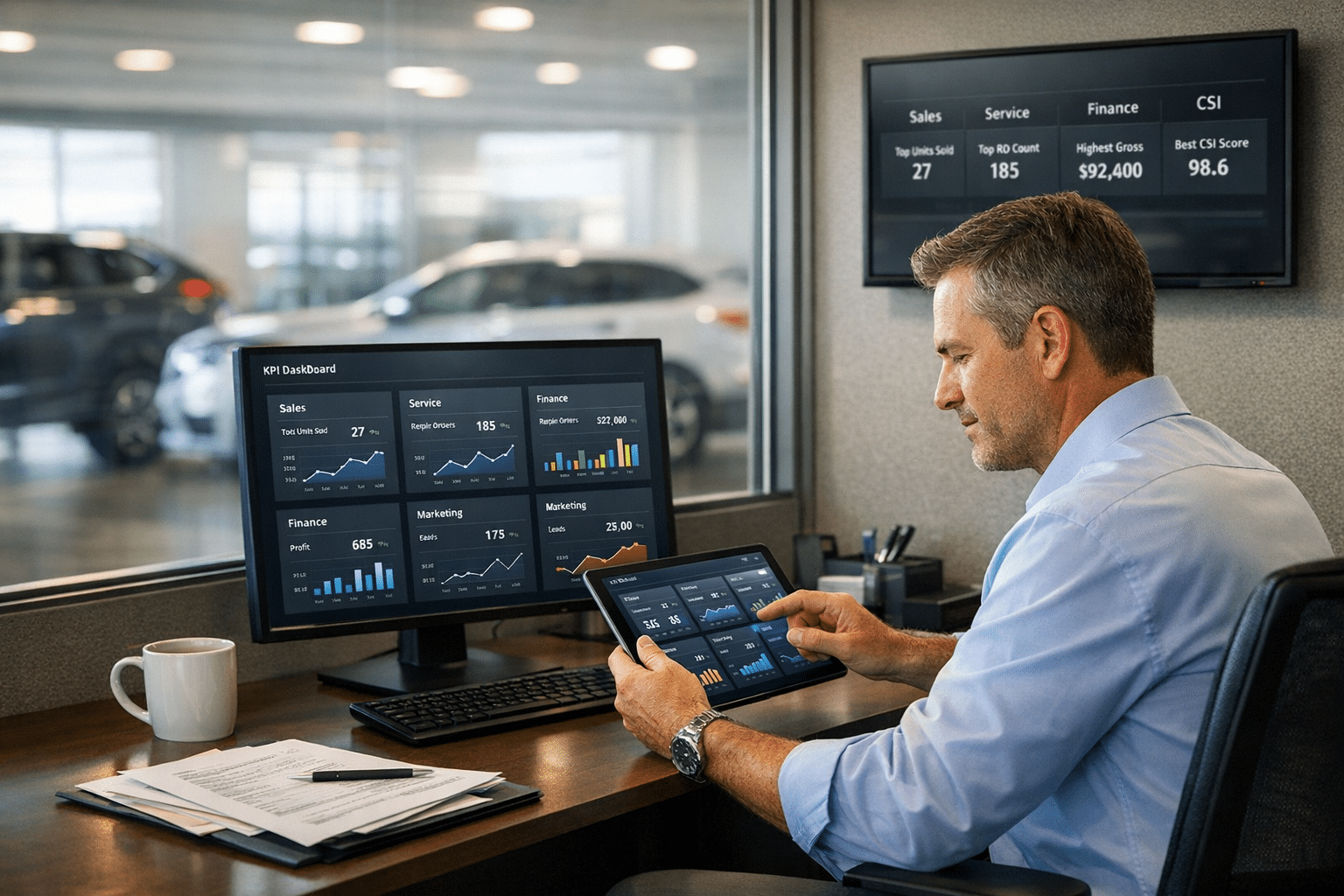 A dealership general manager reviews live KPI dashboards on a desktop and tablet while a showroom performance screen glows in the background.
