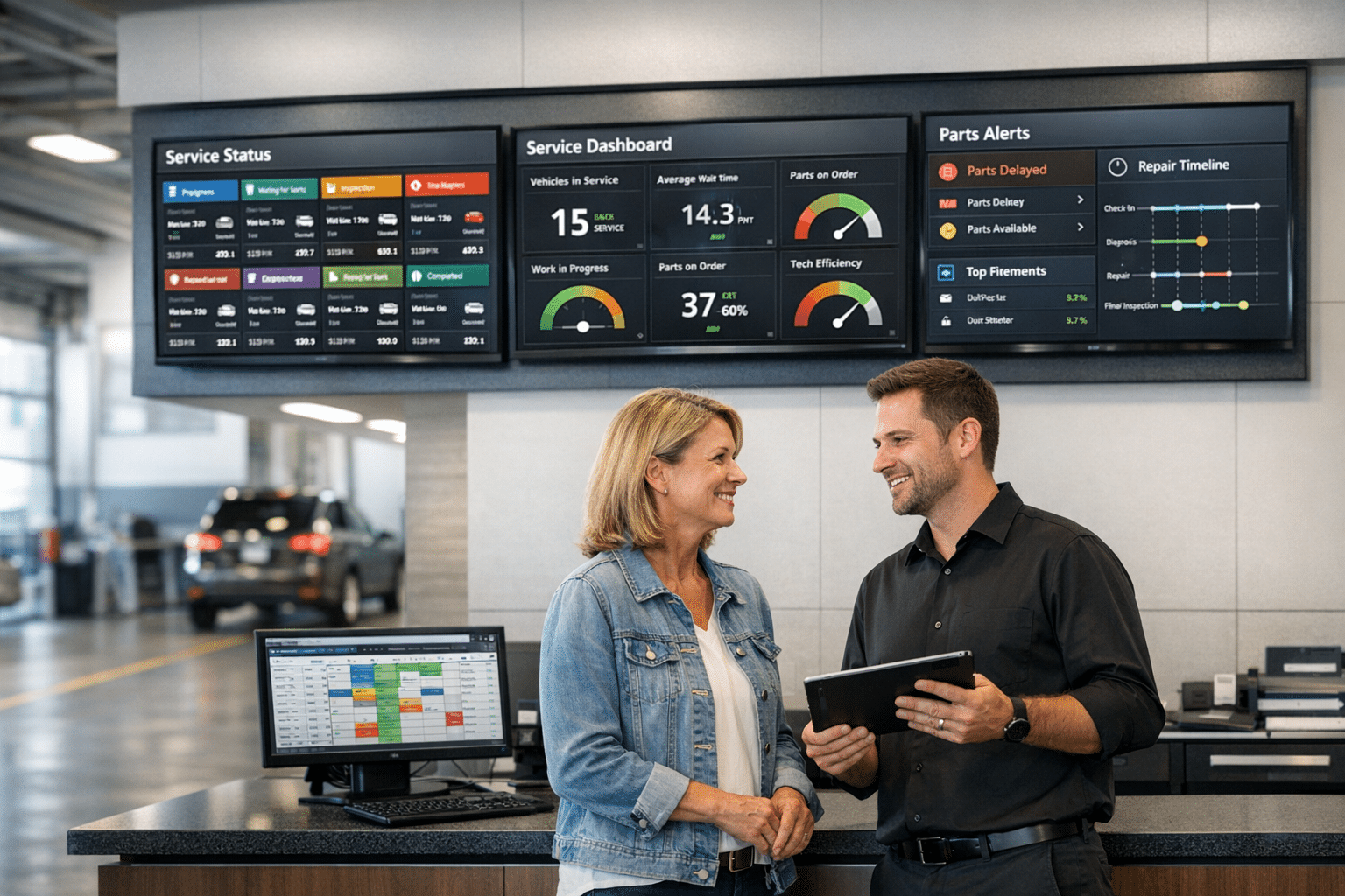 A service advisor and customer stand in a modern dealership service drive as large digital screens display live repair status, wait times, and KPI dashboards.