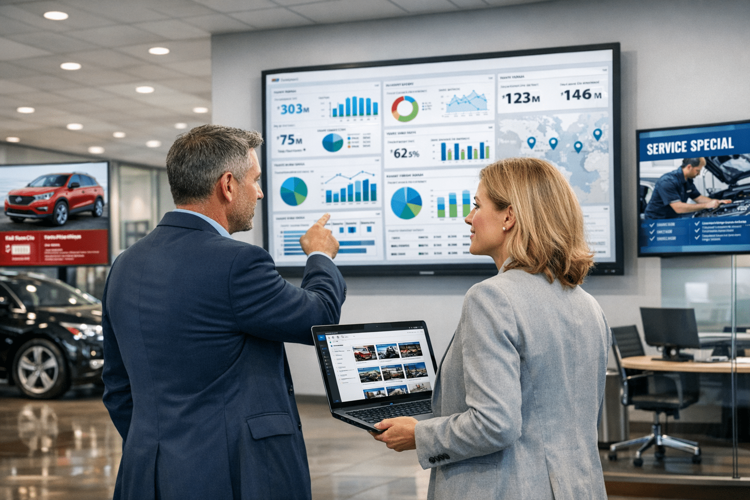 Two dealership managers stand in a modern car showroom reviewing a large KPI dashboard and digital signage screens beside vehicles and sales displays.
