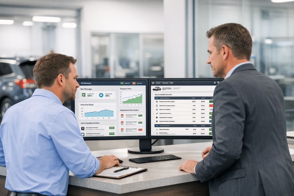 Service advisor and manager in a car dealership compare a KPI dashboard and a DMS-linked service menu on dual screens at the service counter.