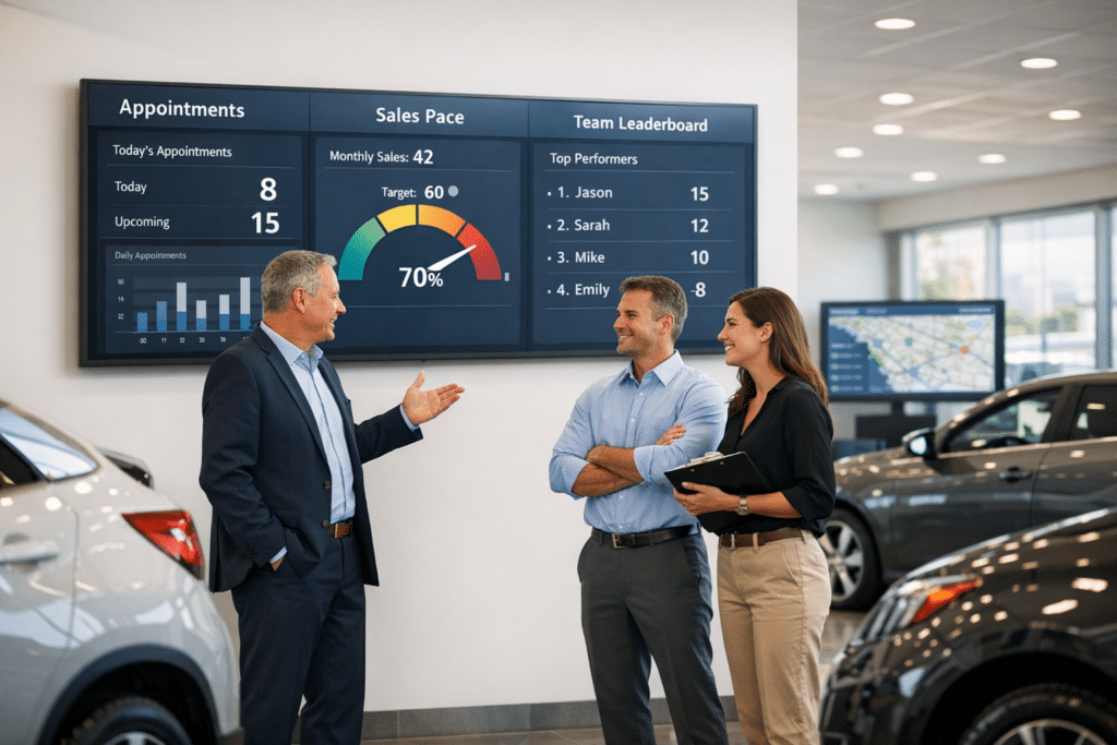 Sales staff in a modern car dealership review a large live KPI dashboard and leaderboard screen beside showroom vehicles during a team huddle.