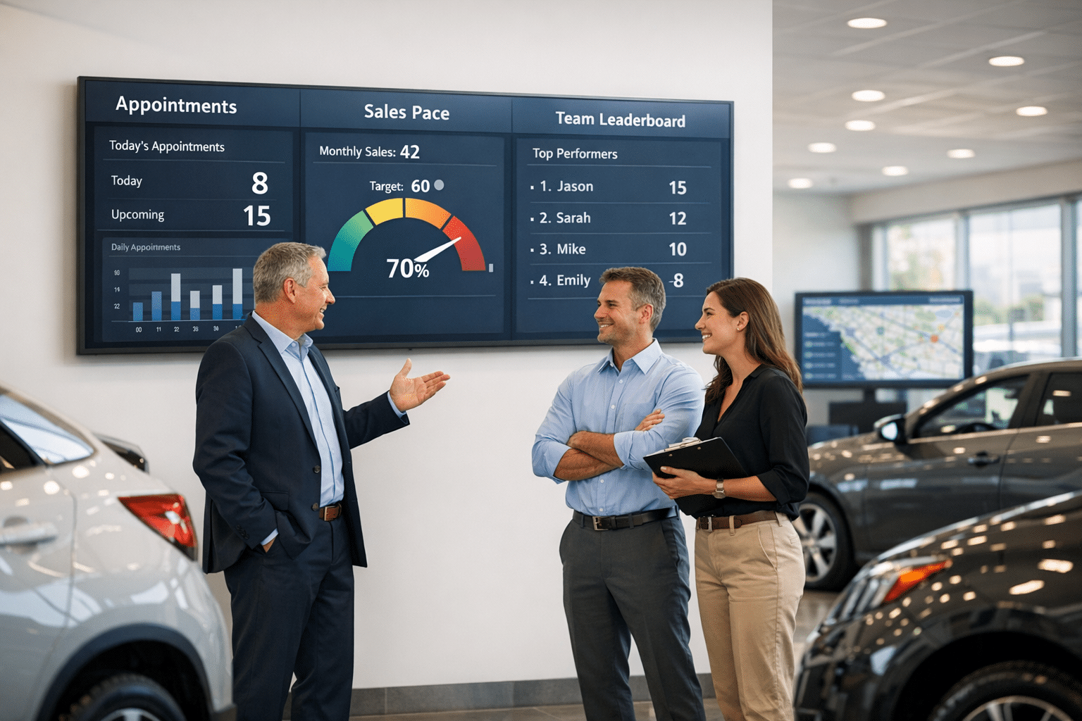 Sales staff in a modern car dealership review a large live KPI dashboard and leaderboard screen beside showroom vehicles during a team huddle.