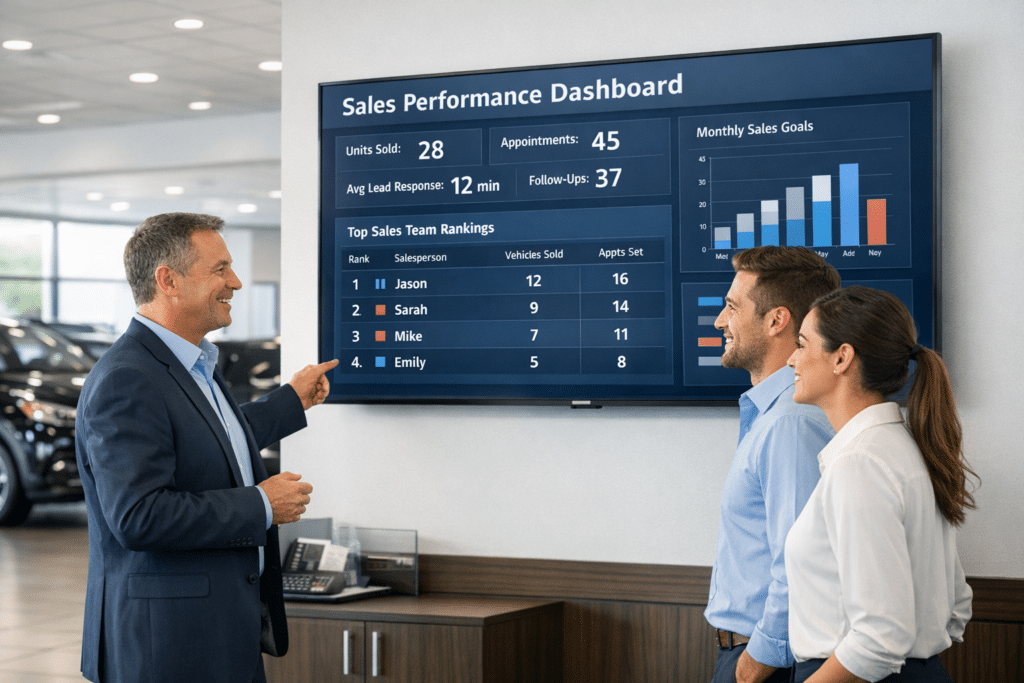 A sales manager and dealership staff review a large digital leaderboard in a car showroom displaying live sales rankings and KPI metrics.