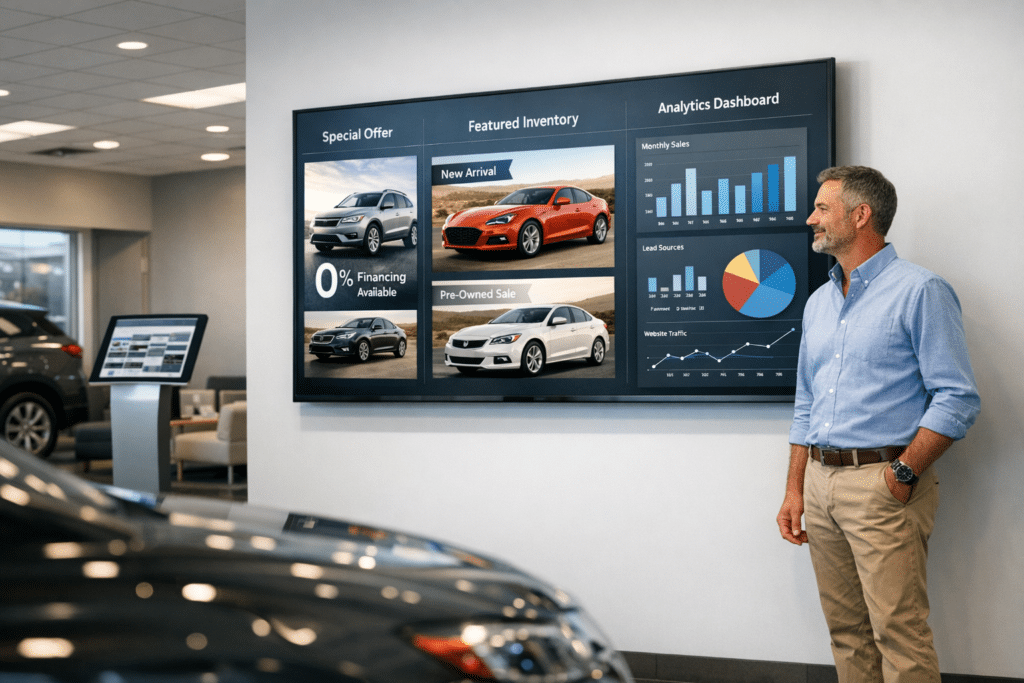 Dealership manager reviews digital signage screens in a modern car showroom with rotating promotions, inventory details, and dashboard-style content.