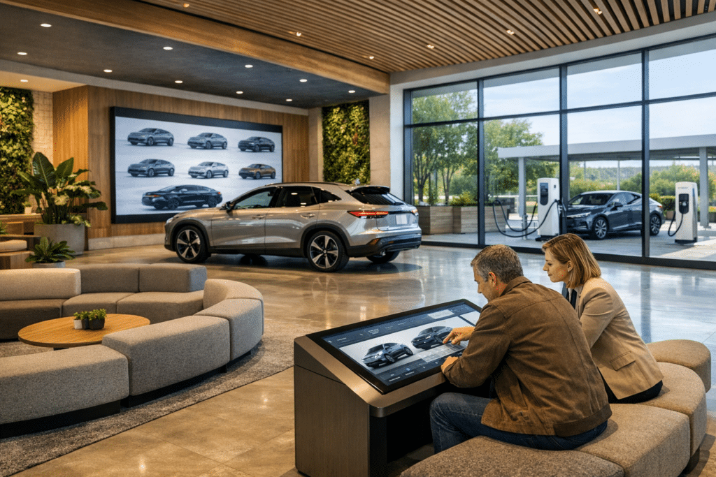 A car shopper and sales consultant use a touchscreen table in a bright modern showroom with digital displays, plants, warm wood finishes, and an EV area.