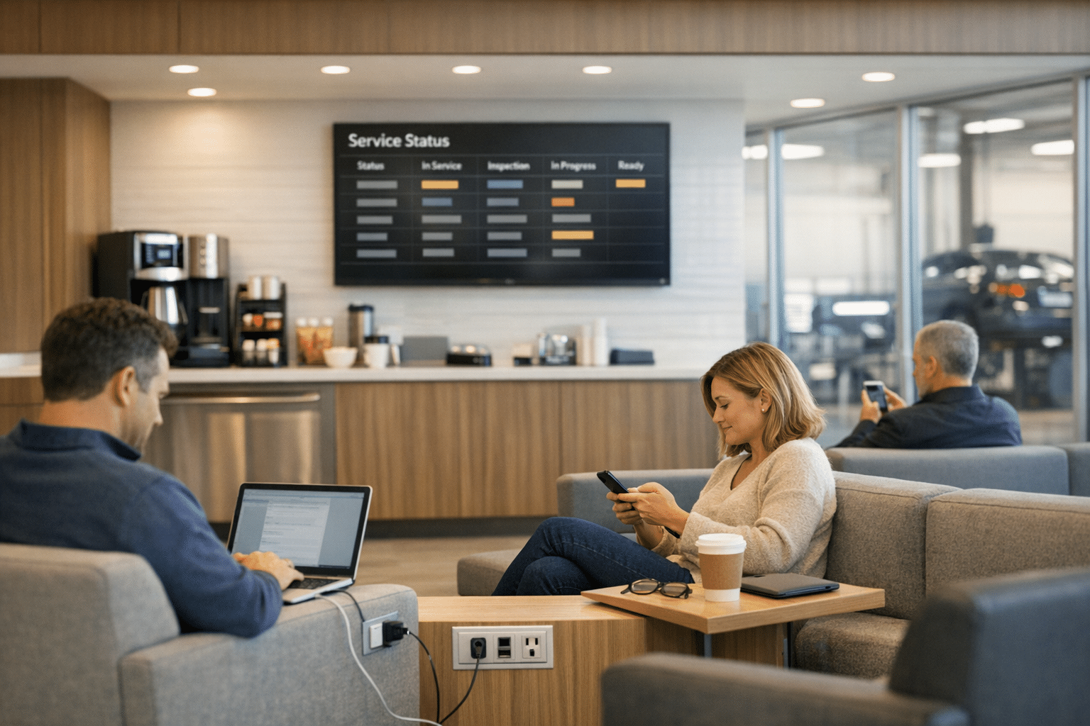 Customers relax in a modern car dealership lounge with soft seating, coffee, charging stations, and a digital screen showing service status updates.