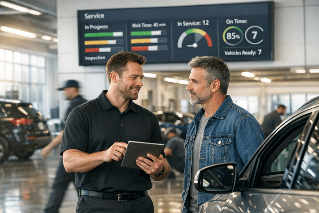 Service advisor checks in a customer with a tablet in a dealership service lane while digital status boards display live repair progress and wait times.