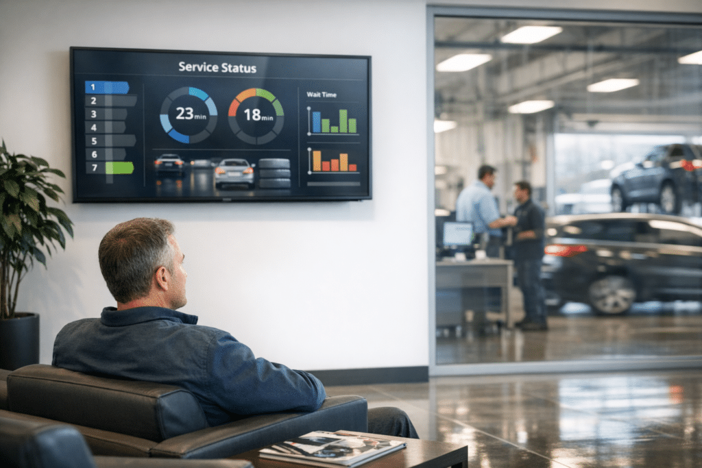Customer in a dealership service lobby watches a live wait-time dashboard while vehicles move through the service lane behind the glass.