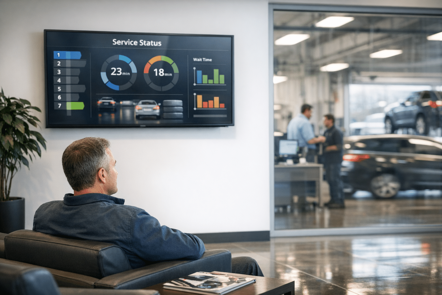 Customer in a dealership service lobby watches a live wait-time dashboard while vehicles move through the service lane behind the glass.