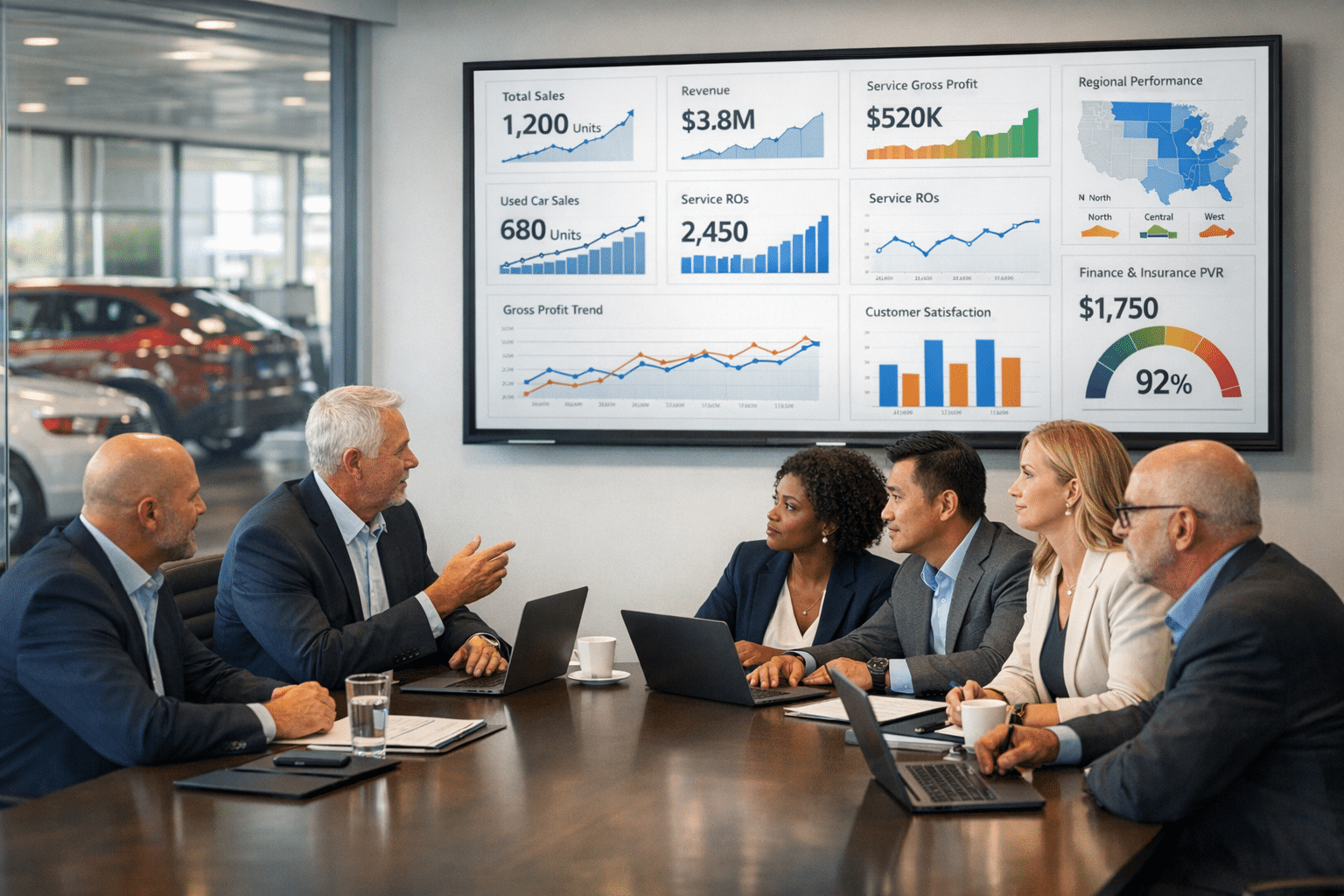 Automotive group executives review a unified dashboard with finance, sales, and service metrics from multiple dealership locations in a modern meeting room.
