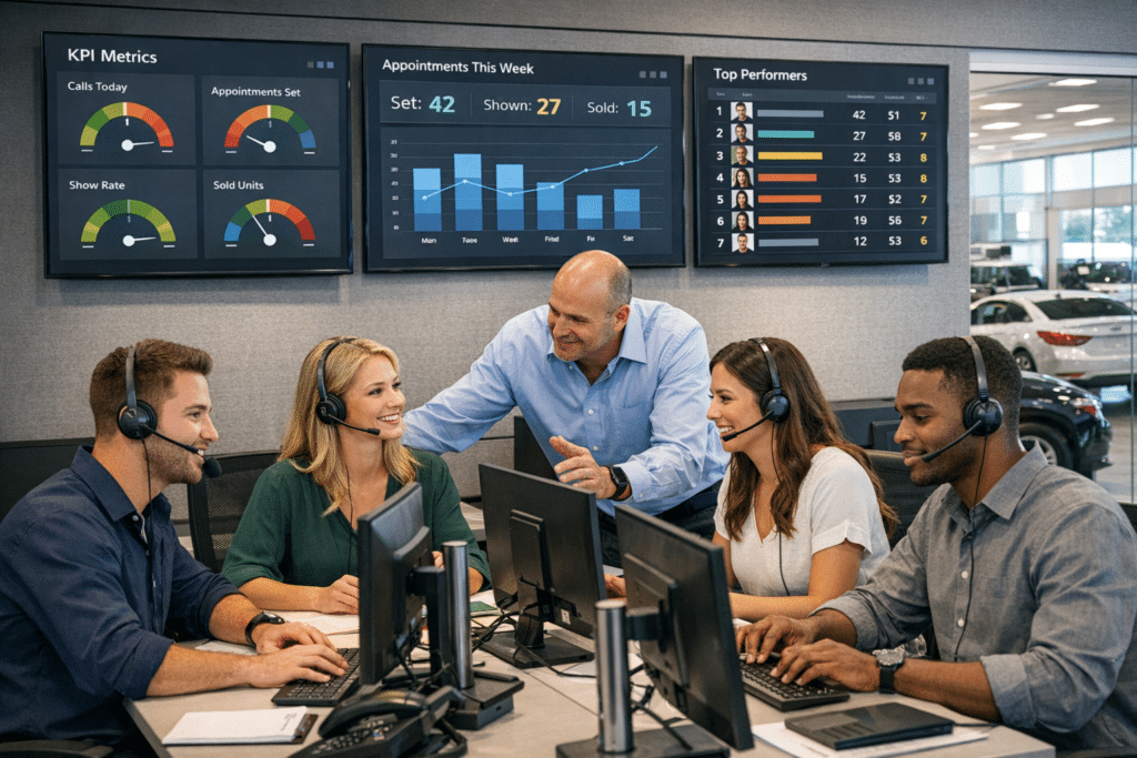 A dealership BDC team works at headsets in a modern office while a manager coaches nearby and live KPI dashboards and leaderboards glow on wall screens.
