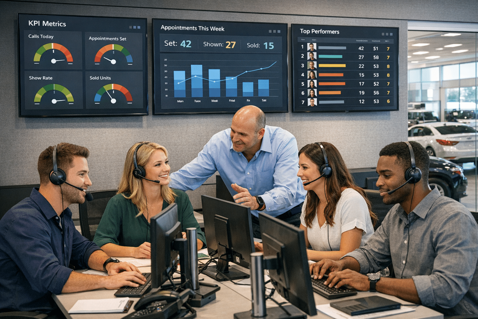 A dealership BDC team works at headsets in a modern office while a manager coaches nearby and live KPI dashboards and leaderboards glow on wall screens.