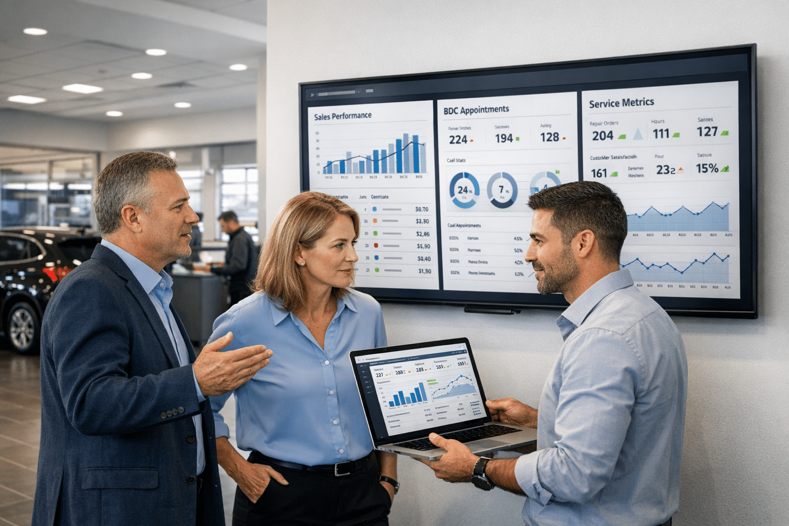 Dealership managers review a live KPI dashboard showing sales, appointment, and service performance inside a modern car showroom with service operations nearby.