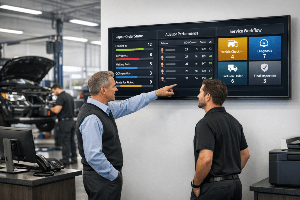 A dealership service manager and advisor review a wall-mounted digital dashboard showing live repair status and KPI metrics in a modern auto service lane.