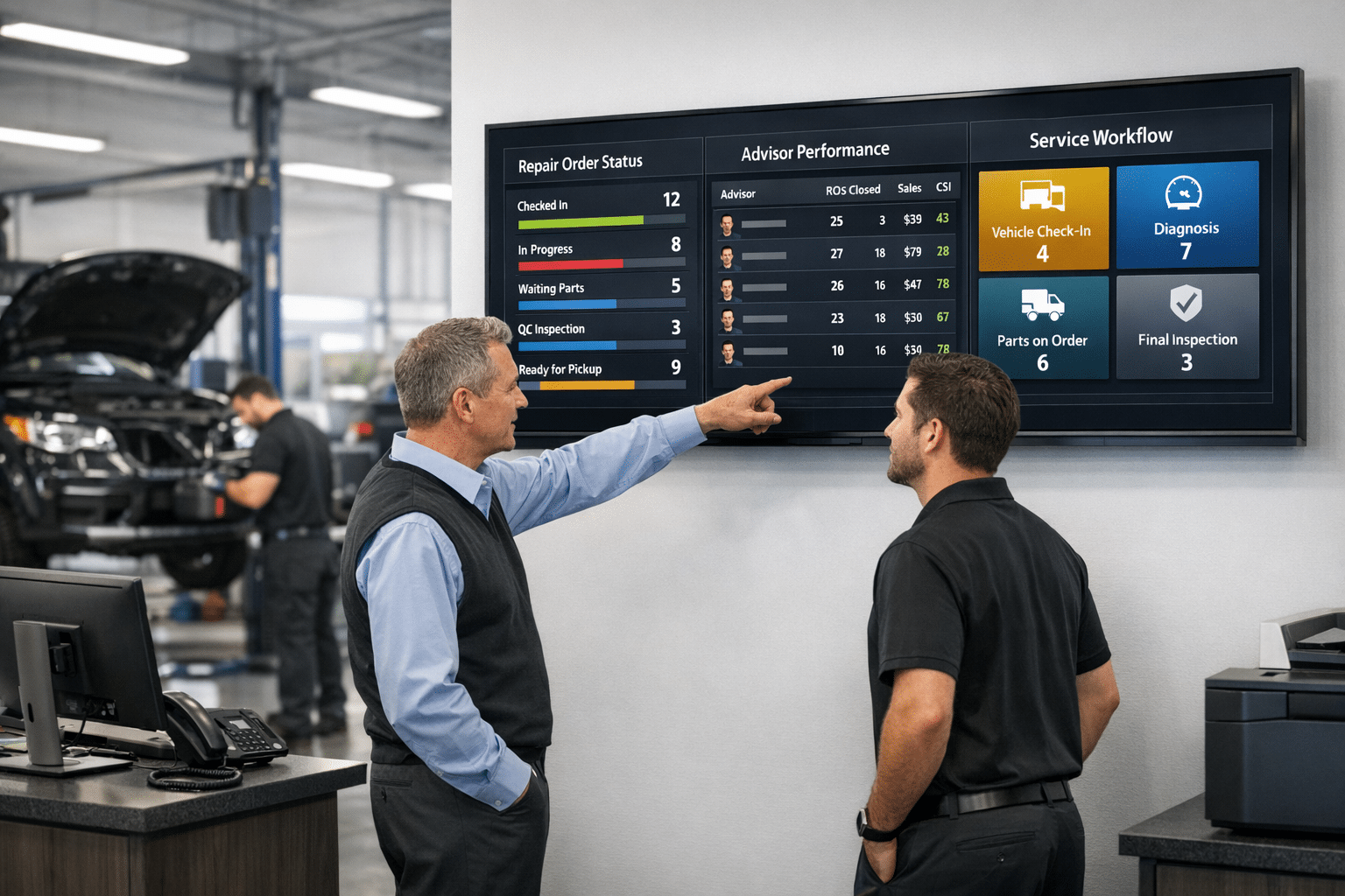 A dealership service manager and advisor review a wall-mounted digital dashboard showing live repair status and KPI metrics in a modern auto service lane.