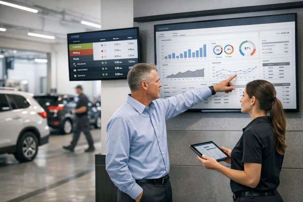 Service manager and advisor review a live KPI dashboard in a dealership service lane while customer-facing status screens display repair progress and wait times.