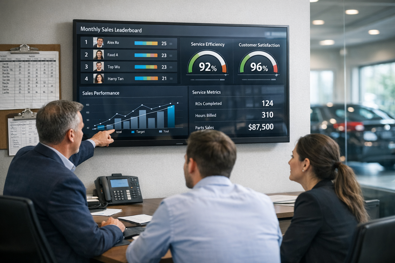 Dealership staff review a wall-mounted real-time performance dashboard in a modern showroom while an old whiteboard tracker sits off to the side.