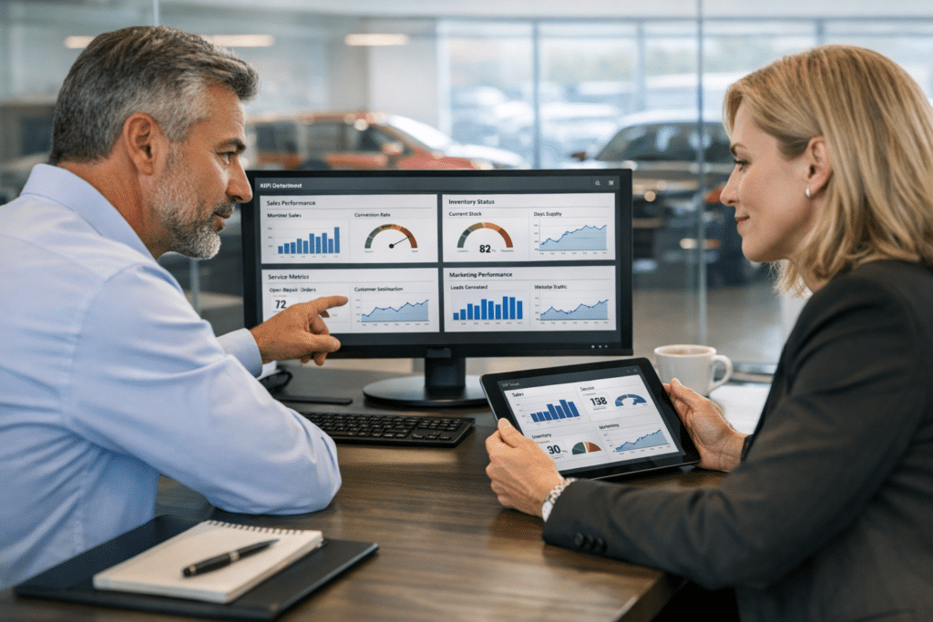 Two dealership managers review live analytics dashboards on a desktop monitor and tablet in a modern showroom office with cars blurred in the background.