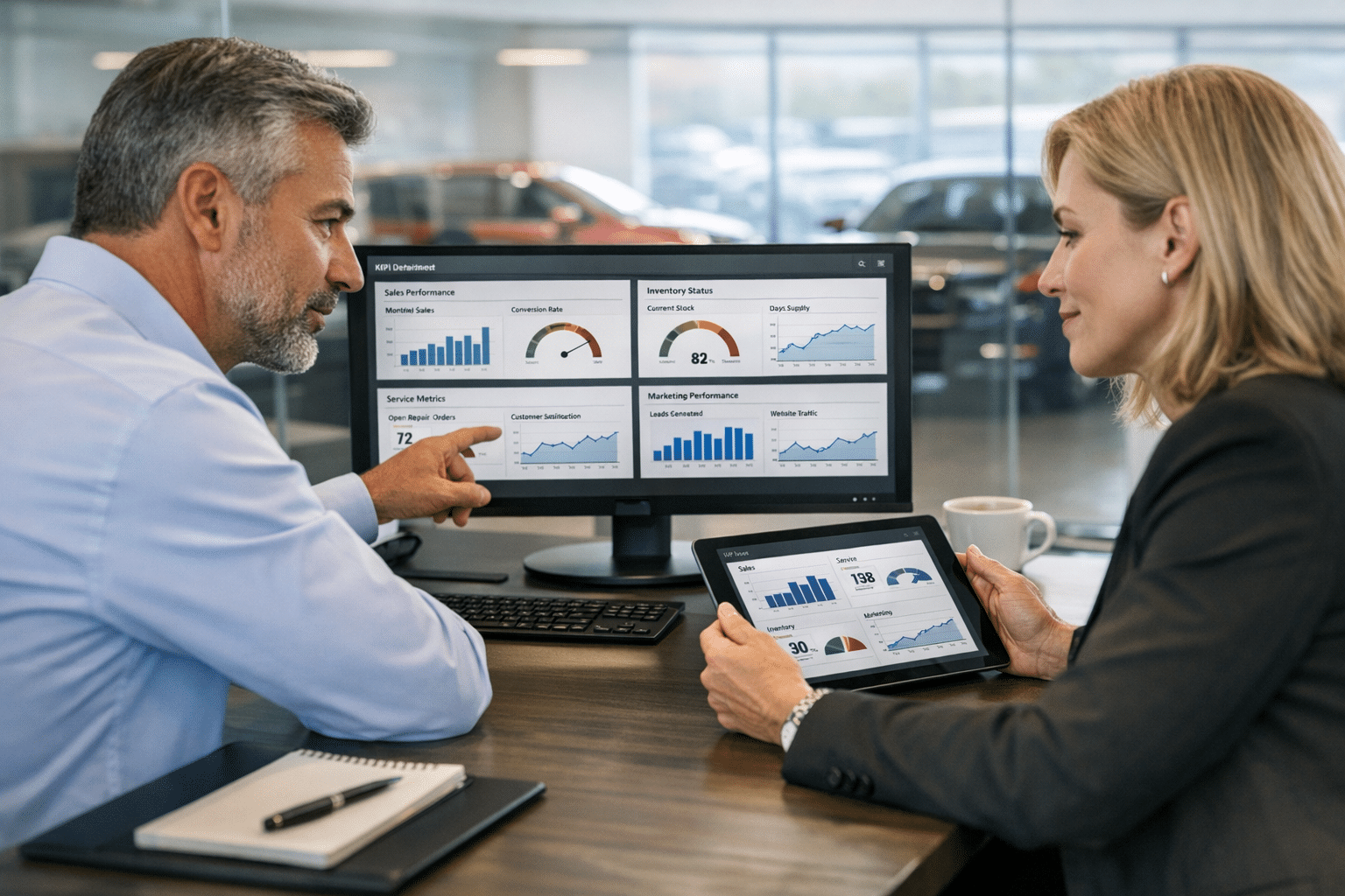 Two dealership managers review live analytics dashboards on a desktop monitor and tablet in a modern showroom office with cars blurred in the background.