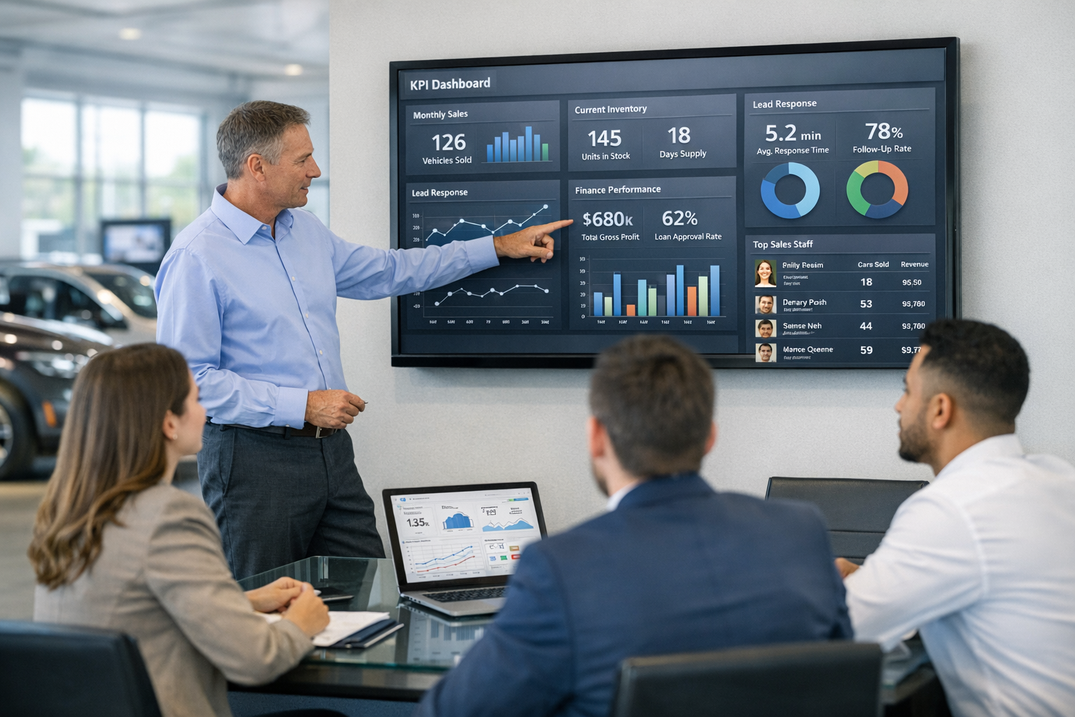 Dealership managers review a live KPI dashboard showing sales, inventory, finance, and staff performance metrics in a modern car showroom office.