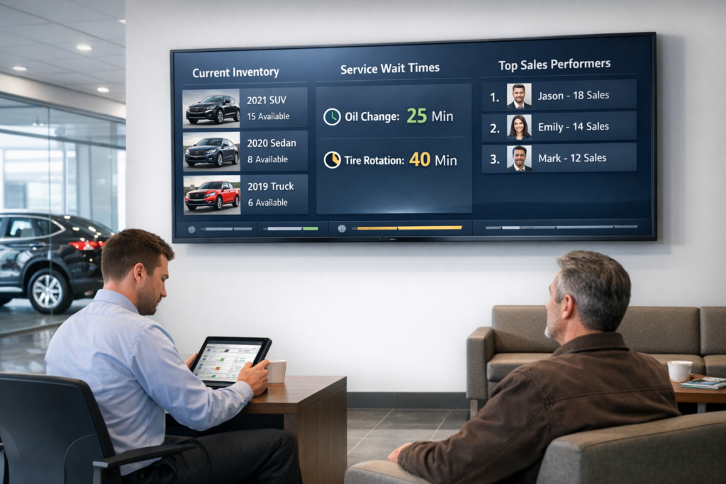 Dealership staff and a customer view a large digital screen in a car showroom displaying live inventory, pricing, service updates, and sales metrics.