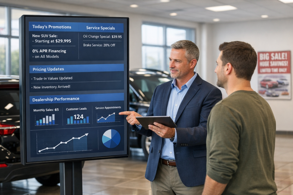 A dealership manager reviews a live digital showroom display with KPI data and promotions while a customer looks on near an older printed sign.