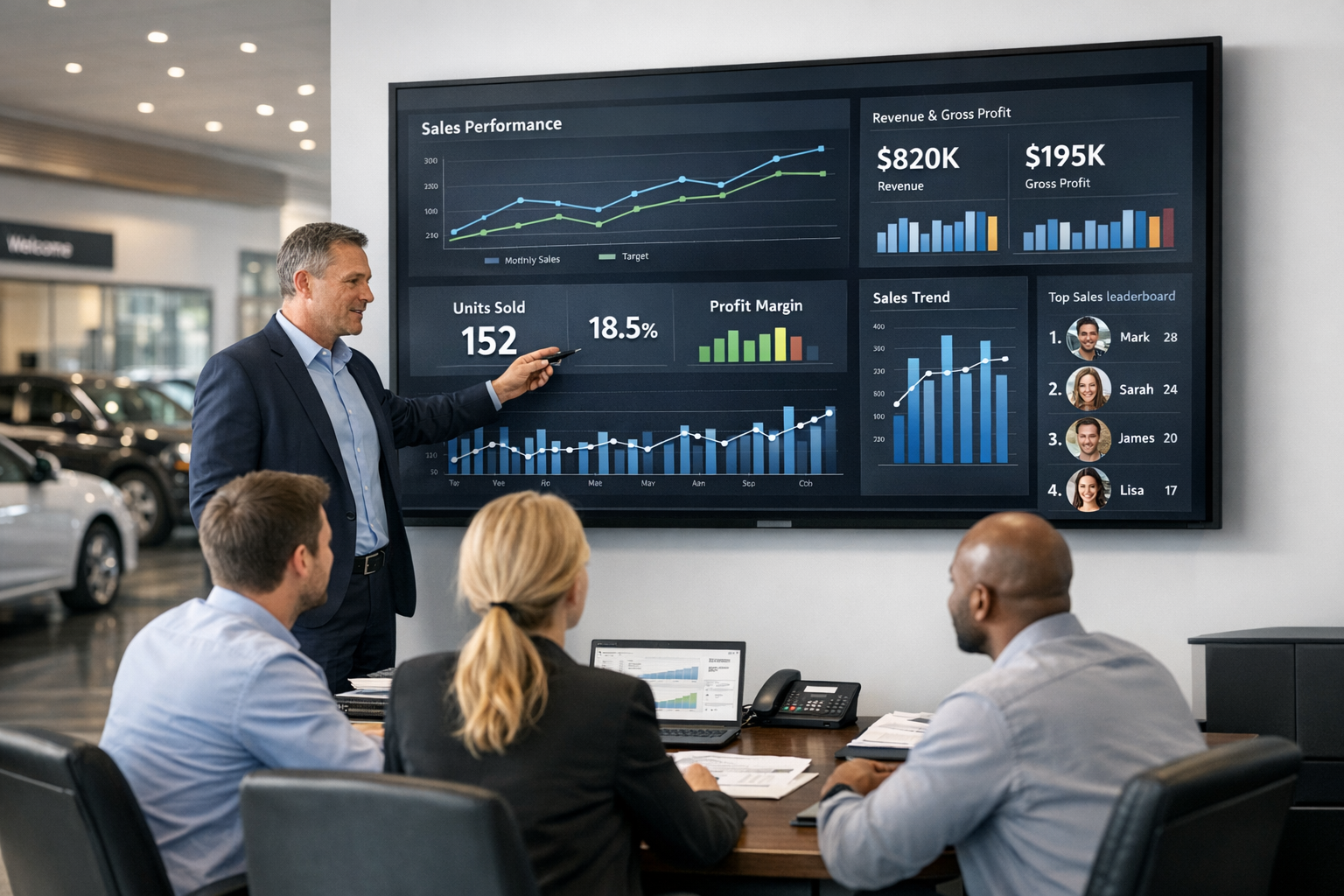 A dealership manager and sales staff review live KPI dashboards on showroom screens while cars and digital signage sit in the background.