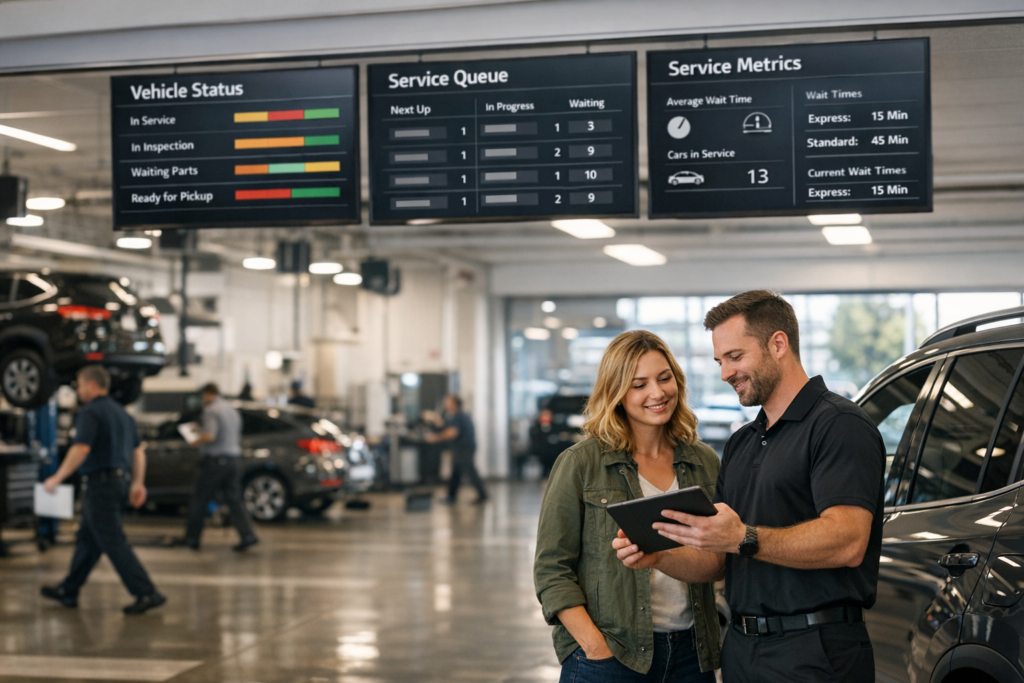 Service advisor uses a tablet with a customer in a dealership service lane while digital dashboards and status screens display wait times and repair progress.