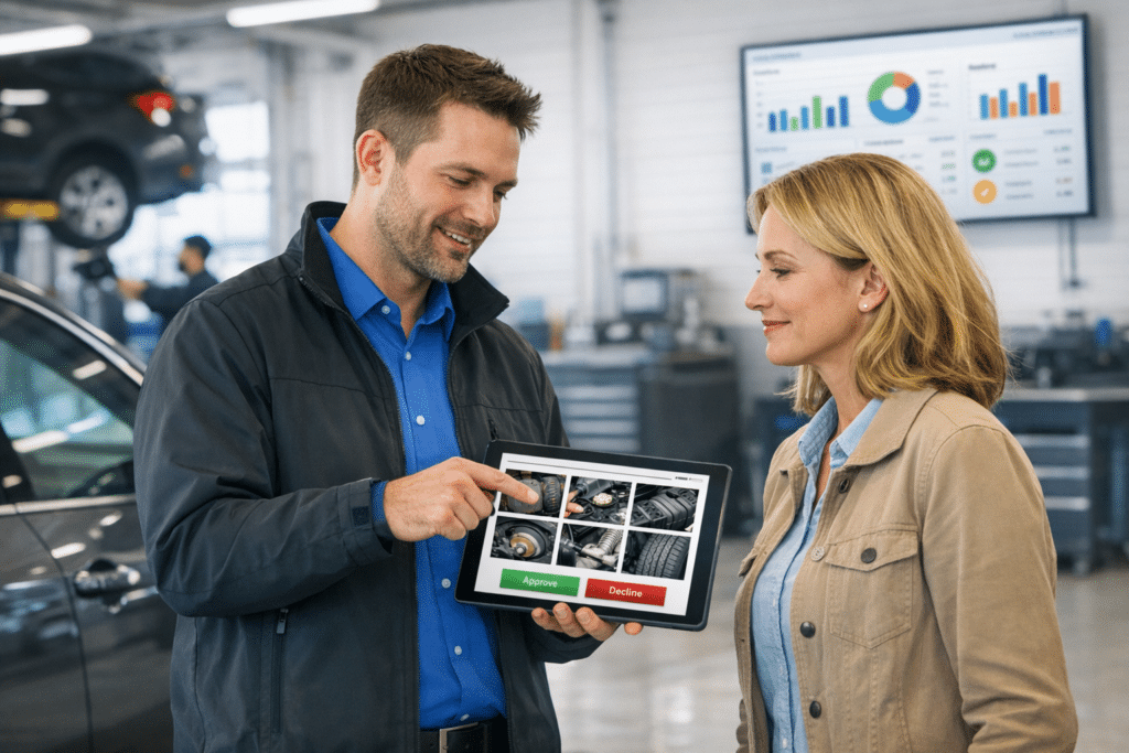 A service advisor shows a customer a tablet with digital inspection photos in a busy dealership service lane while technicians and a KPI screen work in the background.