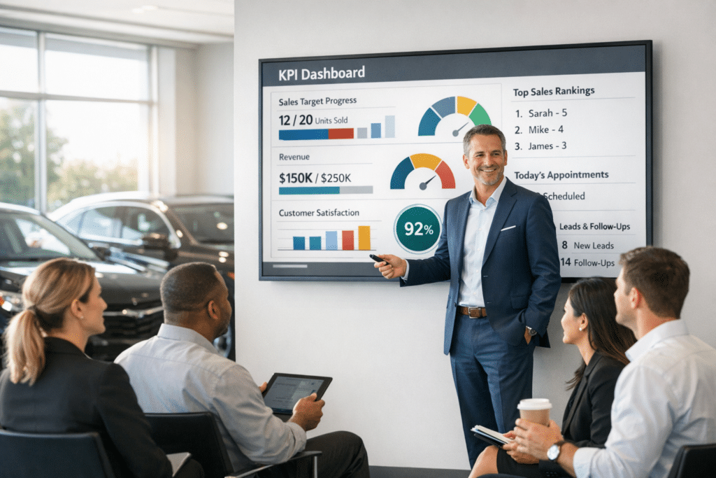 A dealership sales manager leads a morning team huddle beside a large digital dashboard displaying live KPIs, rankings, and daily targets in the showroom.