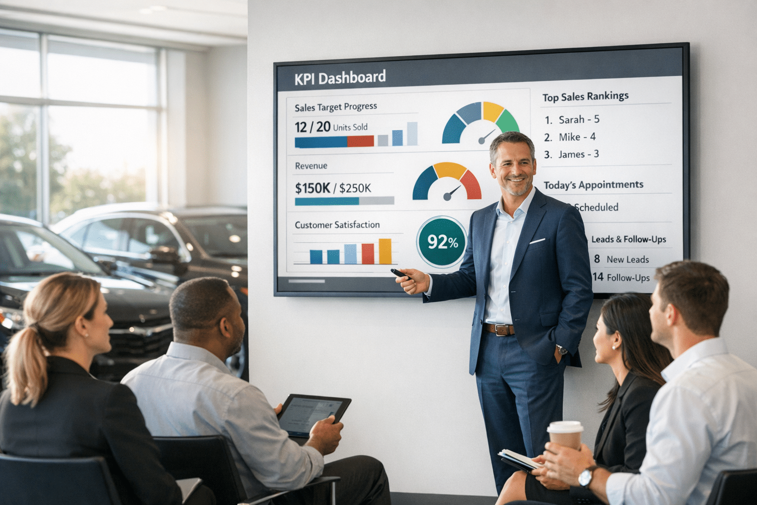 A dealership sales manager leads a morning team huddle beside a large digital dashboard displaying live KPIs, rankings, and daily targets in the showroom.