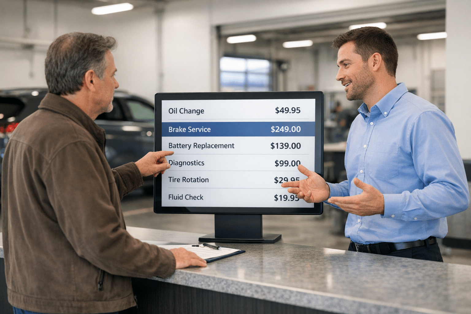 A service advisor and customer review a digital auto service menu with clear pricing in a modern dealership service drive while a vehicle sits nearby.