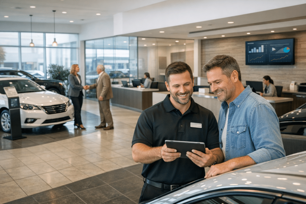 A customer and dealership advisor review service details on a tablet as a modern showroom, digital kiosk, and service area connect in one seamless visit.