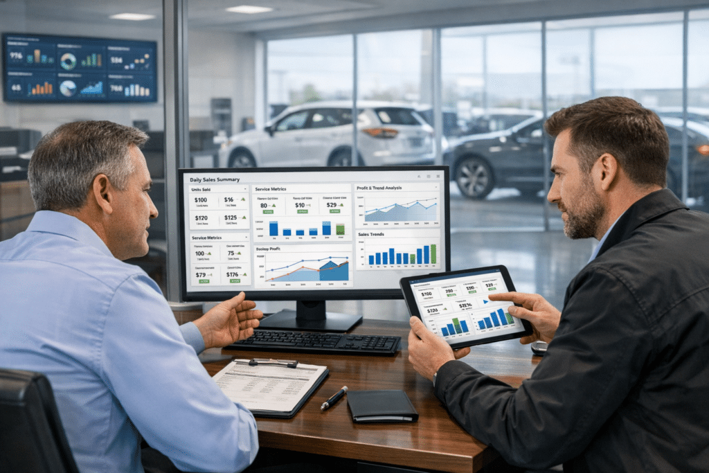Dealership managers review real-time KPI dashboards on a desktop monitor and tablet in a modern office overlooking the showroom floor.