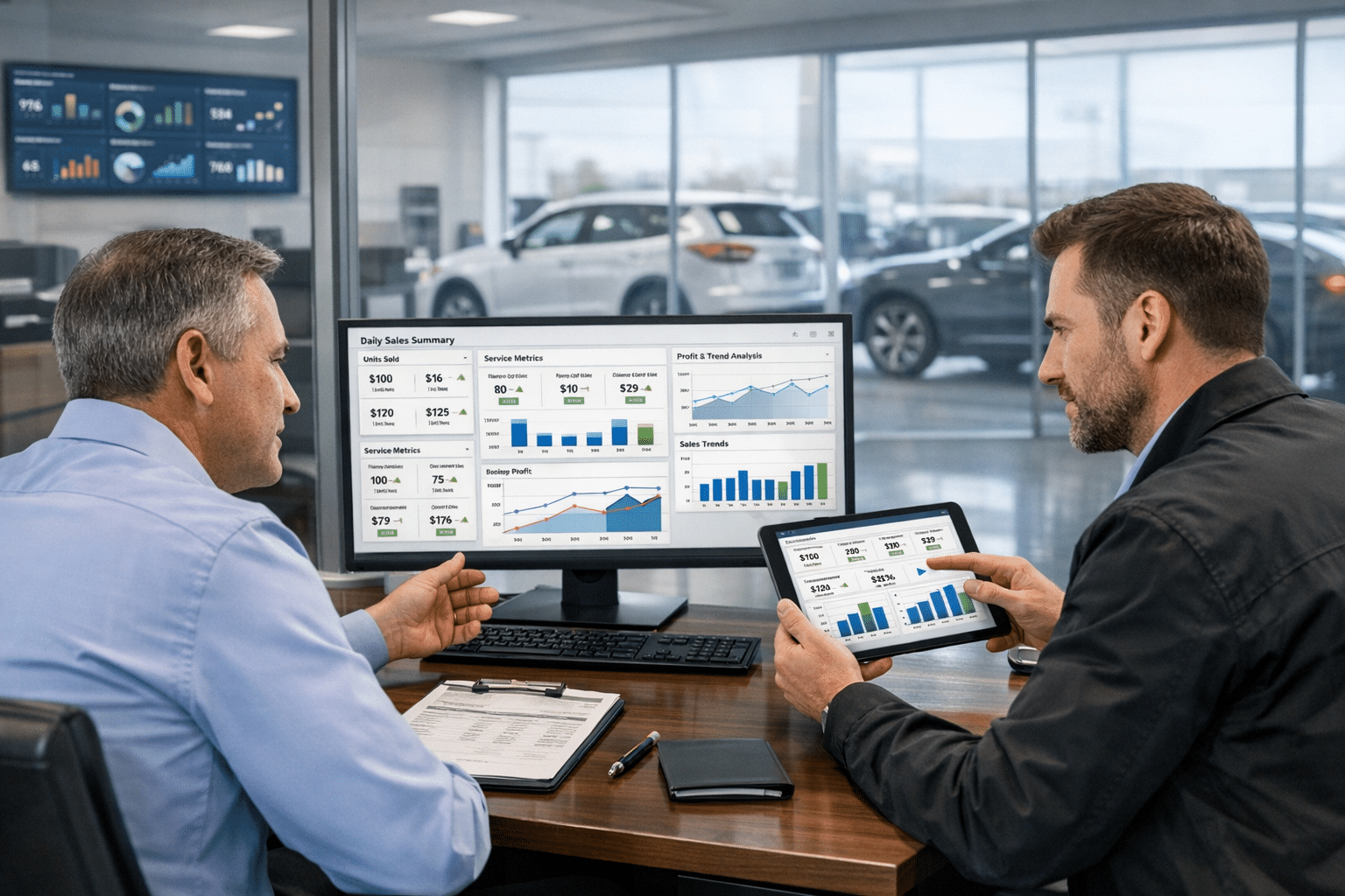Dealership managers review real-time KPI dashboards on a desktop monitor and tablet in a modern office overlooking the showroom floor.