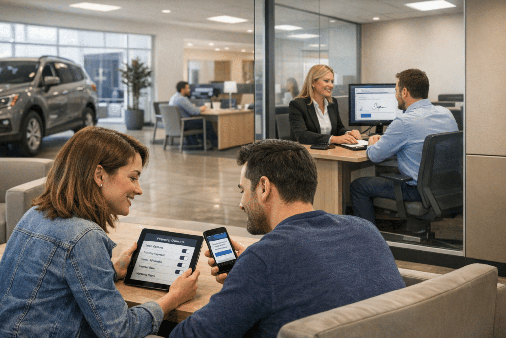 Car buyers at a dealership review finance options on a tablet while receiving a phone update, with an F&I manager completing digital paperwork nearby.