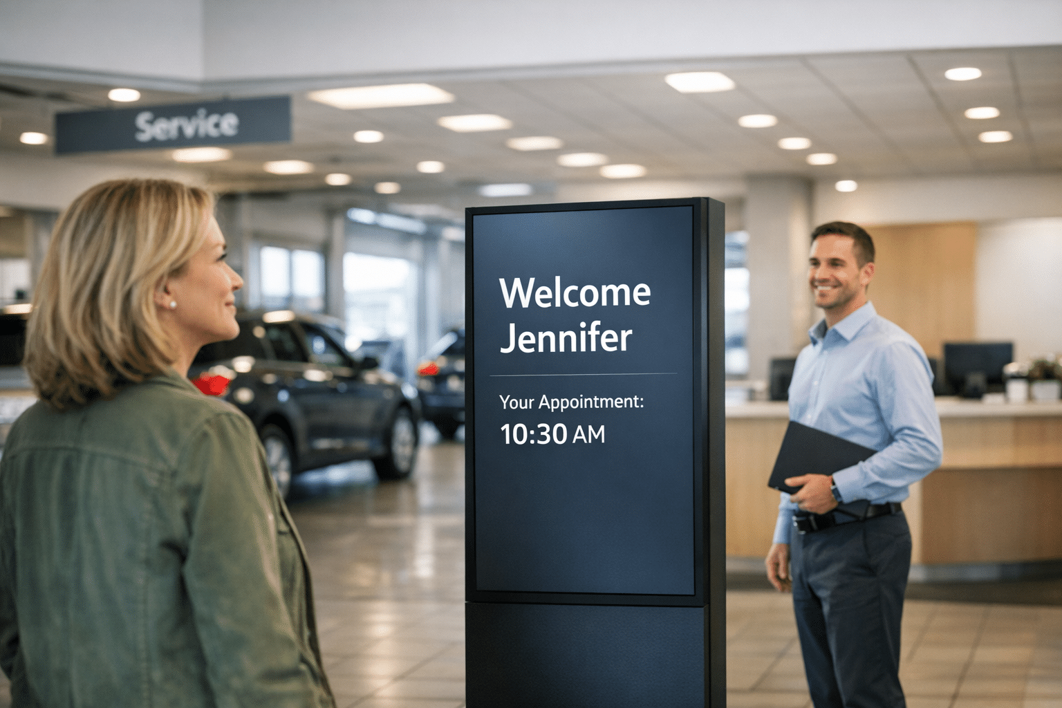 A customer entering a modern car dealership looks at a digital welcome board showing their appointment details as an advisor prepares to greet them.