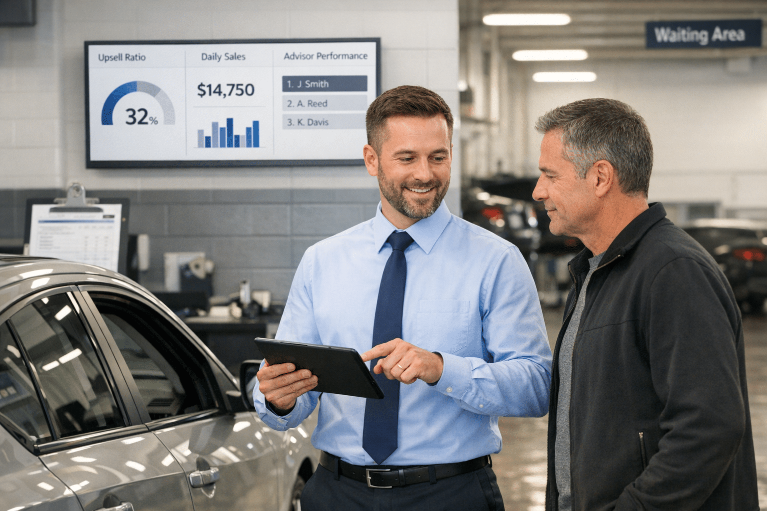 A service advisor reviews vehicle recommendations with a customer in a dealership service lane while a KPI performance dashboard glows in the background.