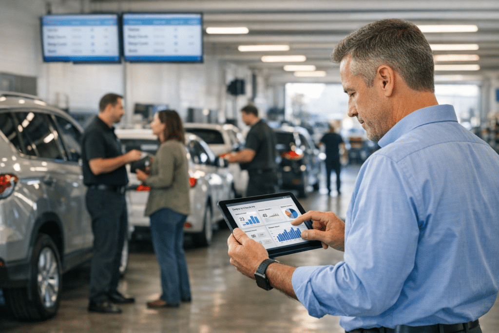 A service manager checks a KPI dashboard tablet in a busy dealership service lane as advisors assist customers and vehicles move through check-in.